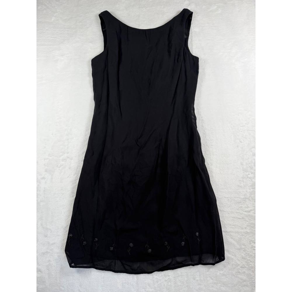 MSK Vintage Black Rayon Crepe Sleeveless Shift Dress Floral Embroidered Size 4